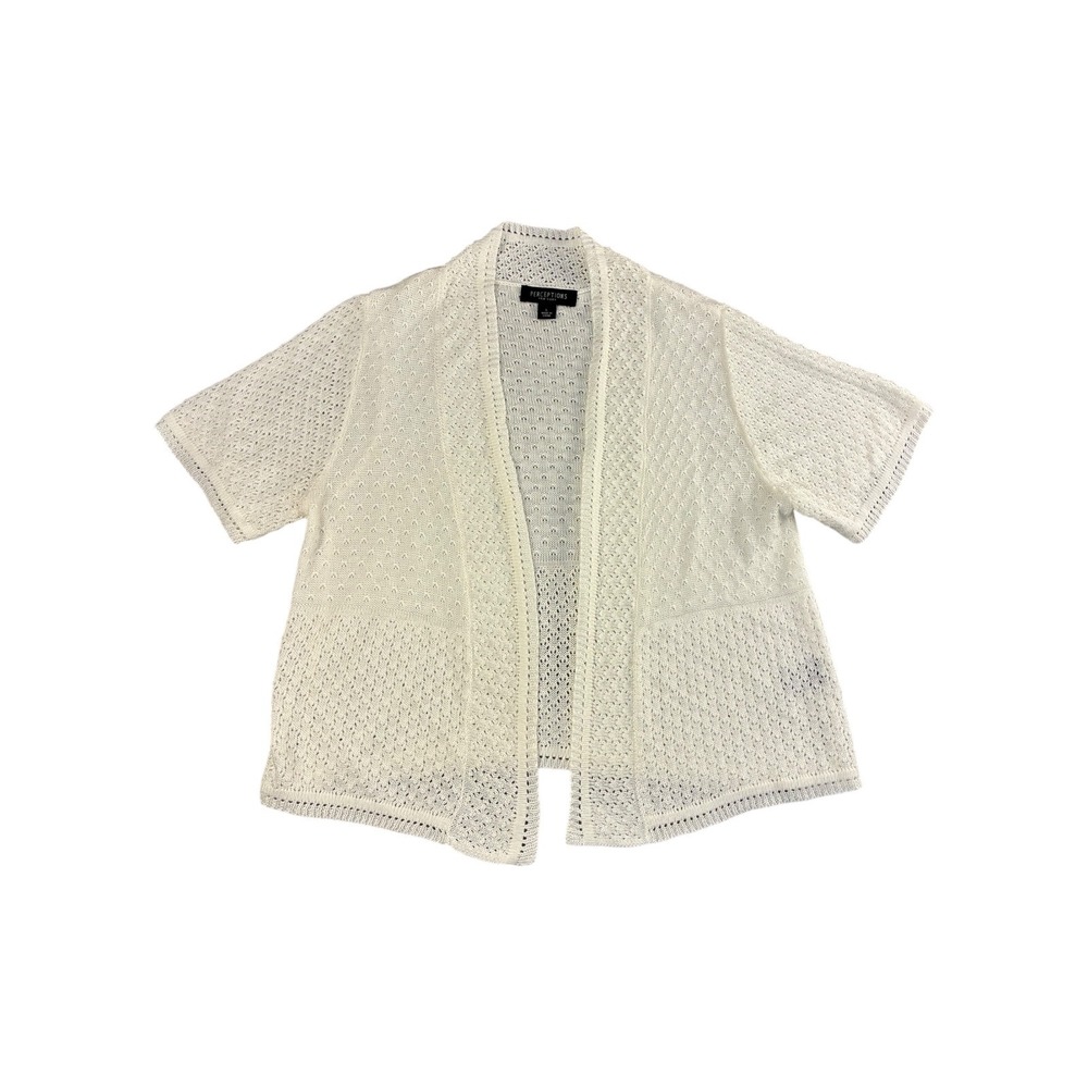 Perceptions New York White Crochet‎ Knit Open Front SS Cardigan Sweater Top L